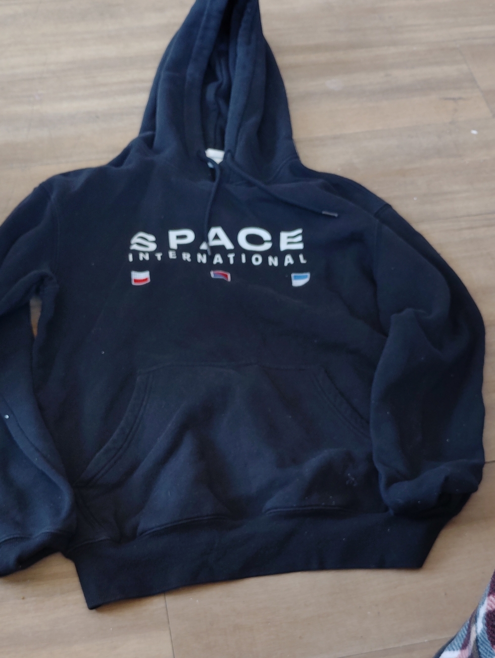 H&M Black 'Space International' Logo Hoodie with Tricolor Accents Size Small